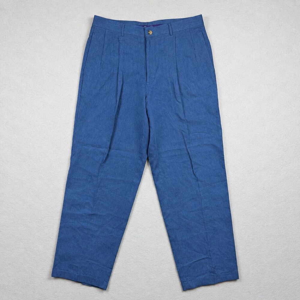 Alan Flusser Mens 34x30 Blue Linen Blend Pleated Pants Cuffed Relaxed Trousers